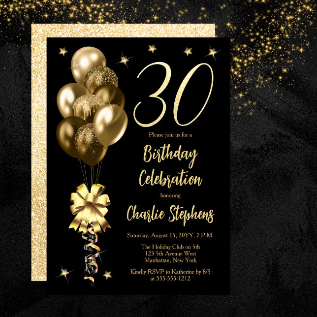 Convites Balões Dourados Elegantes no partido Black anivers (Elegant Gold-Toned Balloons on Black 30th Birthday Party Invitation)