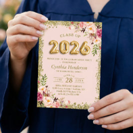 Convites Balões Dourados Florais Rosa-Rosa 2023 Graduação