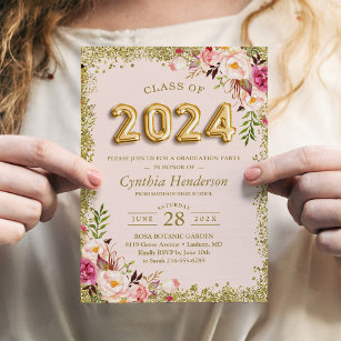 Convites Balões Dourados Florais Rosa-Rosa 2023 Graduação