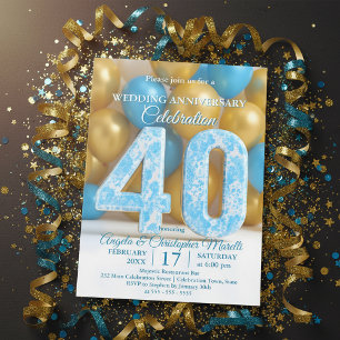 Convites Balões Dourados Glam Blue para 40º Aniversário de