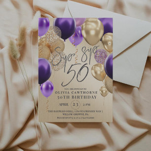 Convites Balões Dourados Modernos Roxos Aniversário de 50 A