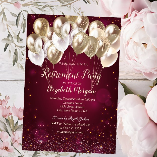 Convites Balões Dourados Pontos Vermelho Aposentadoria  (Criador carregado)