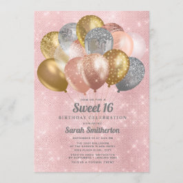 Convites Balões Dourados Prateados Rosa Espelhados Sweet 16