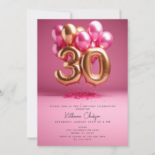Convites Balões Dourados Rosa Quente Aniversário de 30 anos