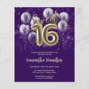 Convites Balões Dourados Sweet 16 Roxo Budge