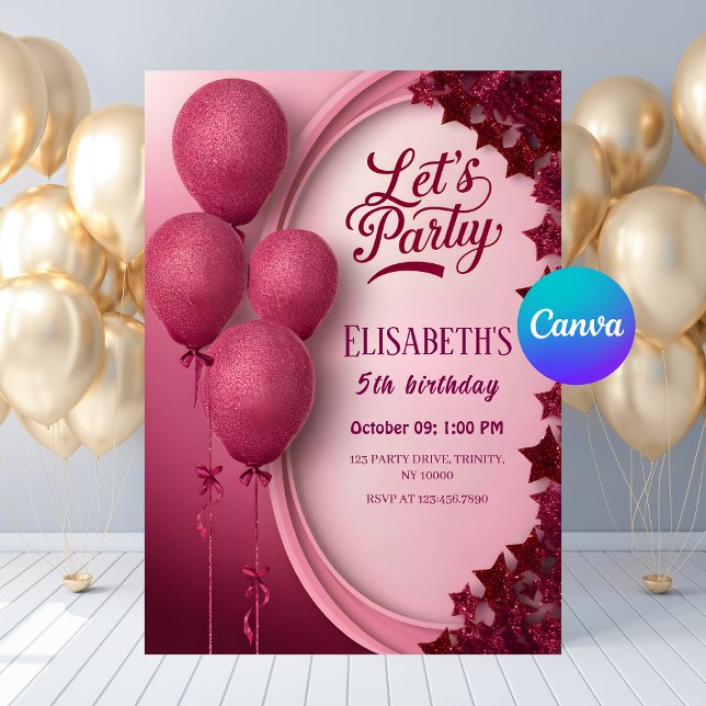 Convites Balões e Estrelas Rosa Glamorosos, Rosa Glitter, A (Glamorous Pink Glitter Balloons & Stars Birthday Invitation
)