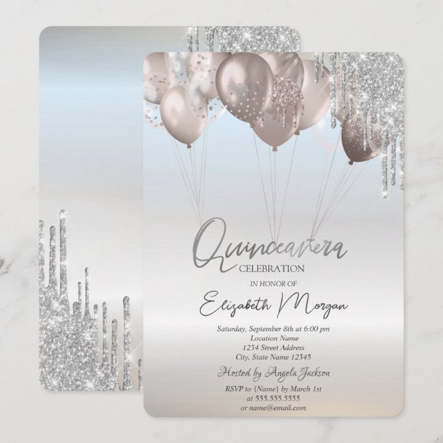 Convites Balões Elegantes com Efeito de Glitter e Gotas Pra (Frente/Verso)