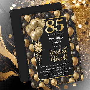 Convites Balões Elegantes de Brilho Dourado e Preto para 85
