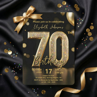 Convites Balões Elegantes de Glitter Preto Dourado Aniversá