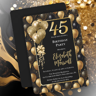 Convites Balões Elegantes Preto Dourado Brilho 45º Aniversá