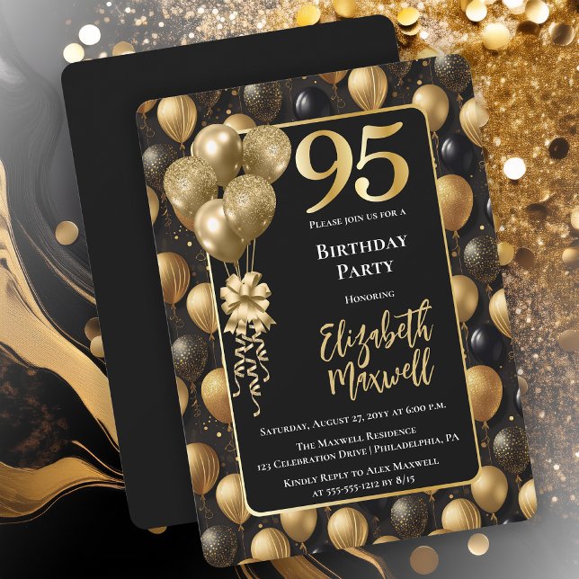 Convites Balões Elegantes Preto Dourado Brilho 95º Aniversá (Elegant Black Gold-Tone Faux Glitter Balloons Pattern 95th Birthday Party Invitation 
Print Digital)