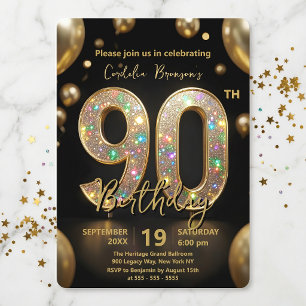 Convites Balões Elegantes Preto Dourado para Aniversário de