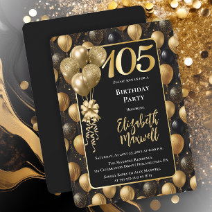 Convites Balões Elegantes Preto e Dourado para 105º Anivers