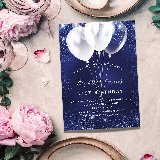 Convites Balões festas de aniversário de brilho branco azul (Criador carregado)