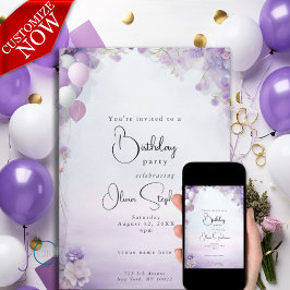 Convites Balões Florais de Sonhos Lilás QR Aniversário