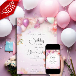 Convites Balões Florais Rosa e Lilás no Aniversário em QR