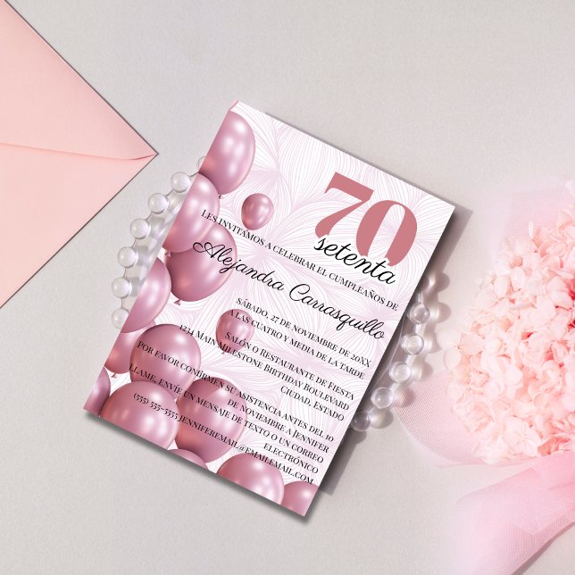Convites Balões Florais Rosa Espanhol Aniversário de 70 ano (Criador carregado)