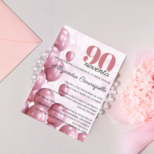 Convites Balões Florais Rosa Espanhol Bege 90º Aniversário