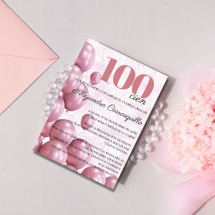 Convites Balões Florais Rosa Espanhol para 100º Aniversário