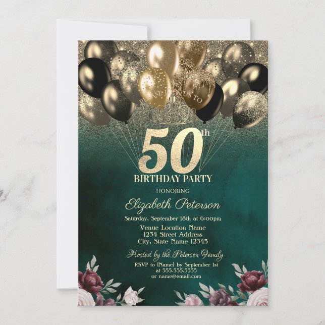 Convites Balões Flores Verde Brilho Dourado Aniversário 50  (Frente)