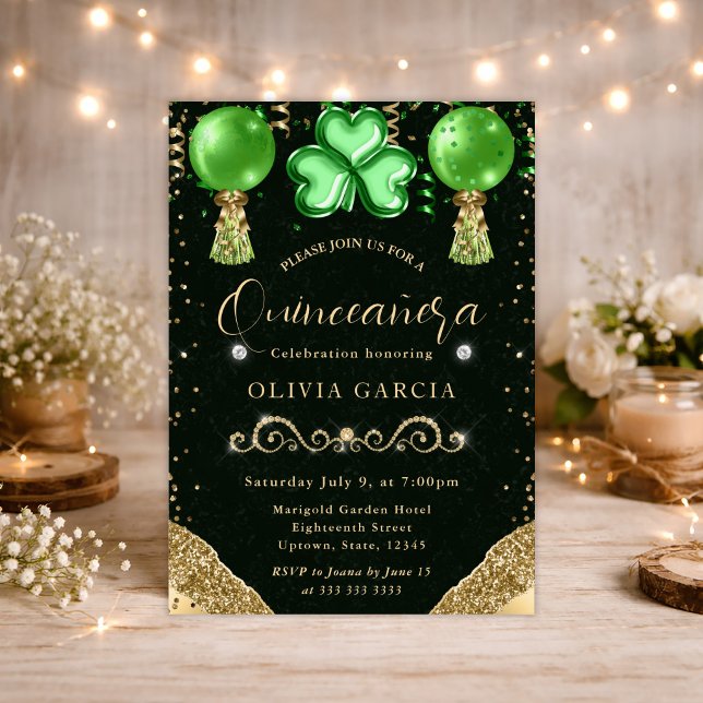 Convites Balões Glam St Patrick's Quinceanera (Criador carregado)