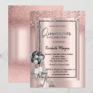 Convites Balões Glitter Eiffel Rosa Dourado Quinceañera