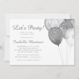 Convites Balões Glitter Prata Branco Elegantes Sweet 16