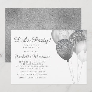 Convites Balões Glitter Prata Branco Elegantes Sweet 16