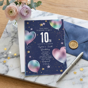 Convites Balões Holográficos Aquarela 10º Aniversário