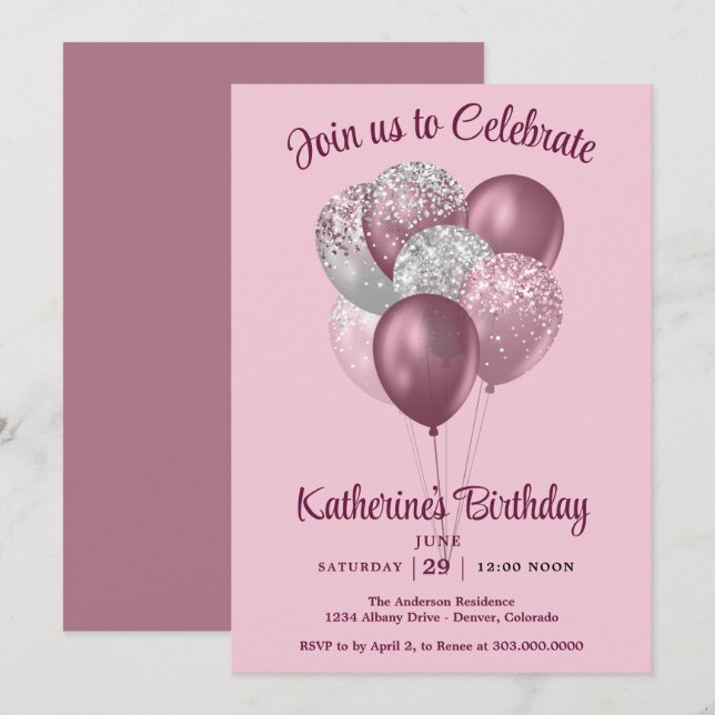 Convites Balões Lilás de Aniversário  (Frente/Verso)