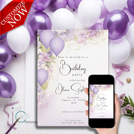 Convites Balões Lilás e Flores QR Aniversário