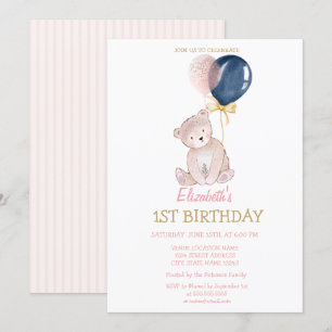 Convites Balões Listrados de Urso de Pelúcia Aniversário