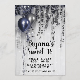 Convites Balões Metálicos Azuis Silver Ivy White Sweet 16