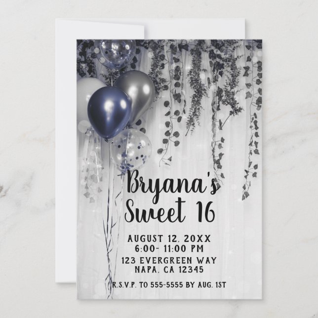Convites Balões Metálicos Azul Prata Ivy Branco Sweet 16 (Frente)