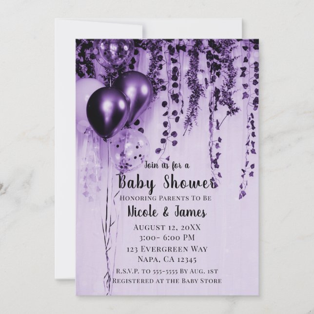 Convites Balões Metálicos Roxos para Festa Baby Shower Ivy (Frente)