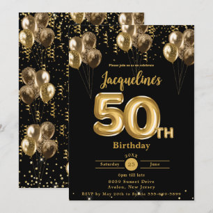 Convites Balões Negros e Dourados Confetti 50º Aniversário