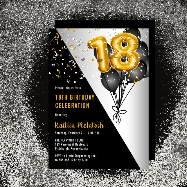 Convites Balões Negros Elegantes | Dourada 18.a Festa de an (Balloons Elegant Black, Gold and Silver Tone 18th Birthday Party Invitation)