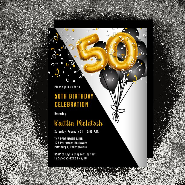 Convites Balões Negros Elegantes | Dourada 50.a Festa de an (Balloons Elegant Black, Gold and Silver Tone 50th Birthday Party Invitation )