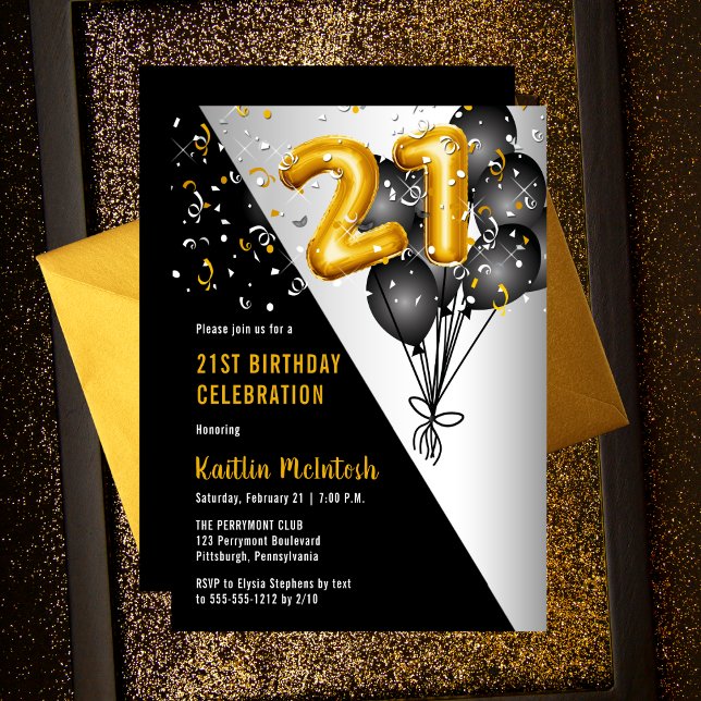 Convites Balões Negros Elegantes | Parte aniversário de 21  (Balloons Elegant Black and Faux Gold 21st Birthday Party Celebration Invitation)