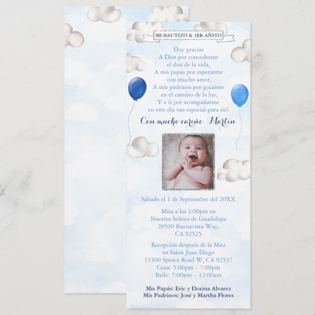 Convites Balões no Sky Latino Baptism Birthday Bautizo (Frente/Verso)