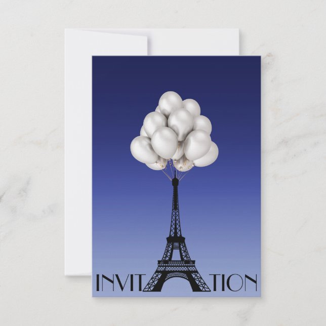 Convites Balões Paris Eiffel Tower Glam Chic Blue (Frente)