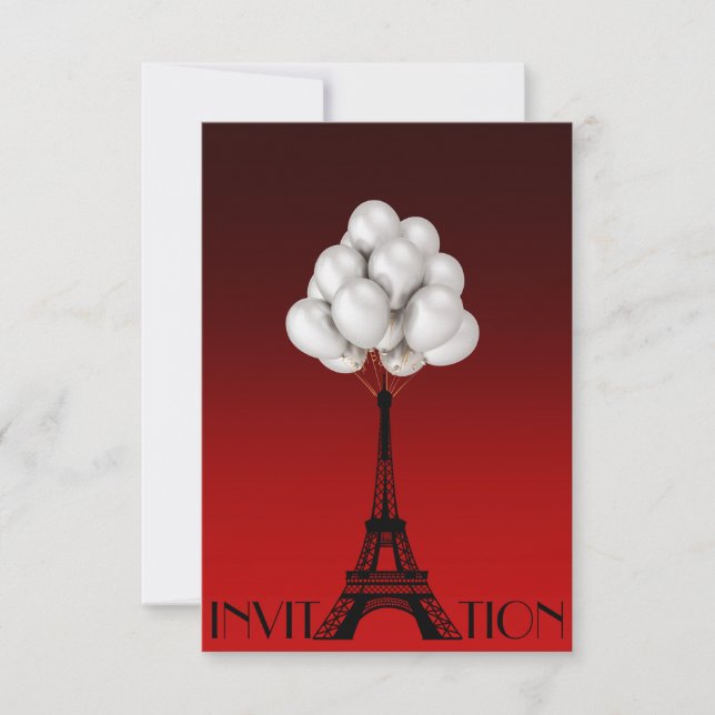 Convites Balões Paris Eiffel Tower Glam Chic Red (Frente)
