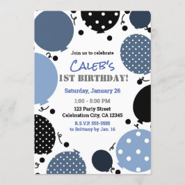 Convites Balões Pontilhados de Azul e Preto 1º Festa de Ani
