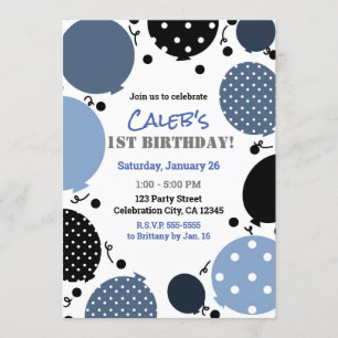 Convites Balões Pontilhados de Azul e Preto 1º Festa de Ani