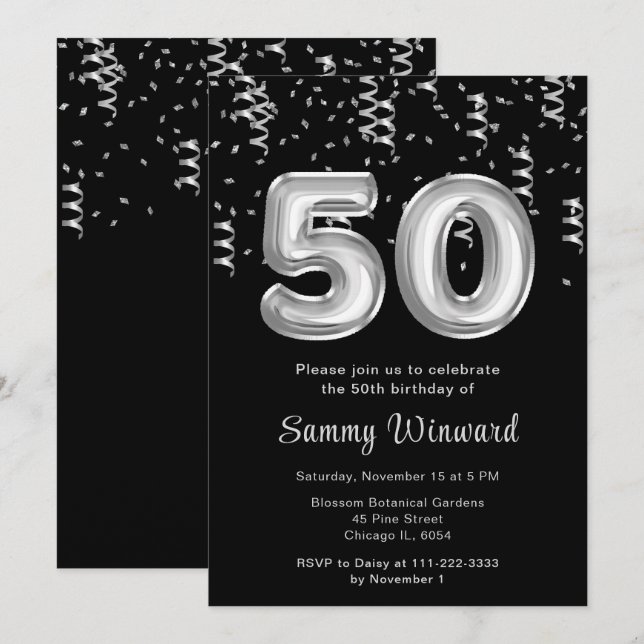 Convites Balões Prateados de Aniversário de 50 anos com Con (Frente/Verso)