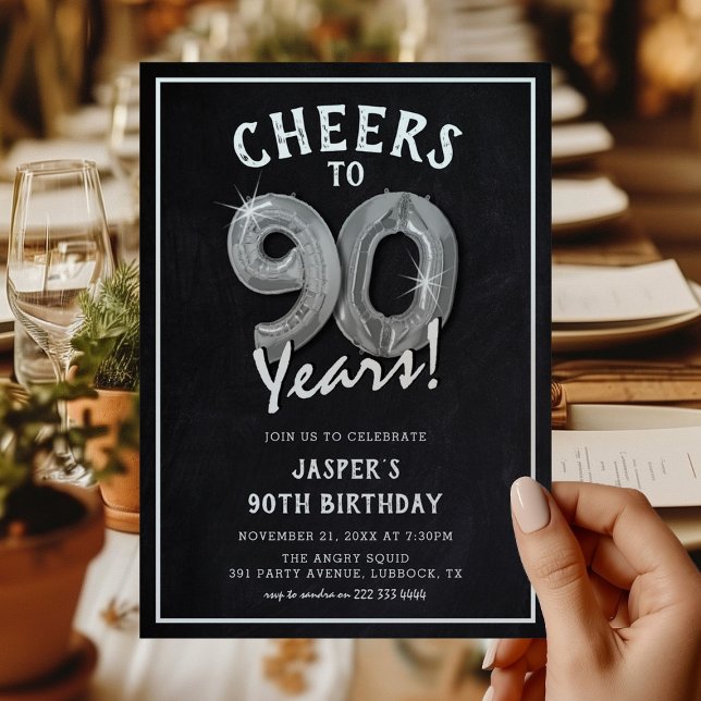 Convites Balões Prateados de Chalkboard Rústico para Aniver (Criador carregado)