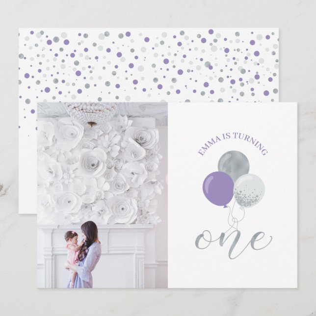 Convites Balões Prateados | Festa de primeiro aniversario (Frente/Verso)