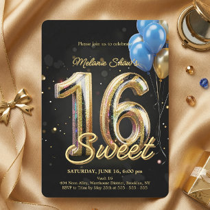 Convites Balões Preto Dourado Azul Brilho Doce 16 Aniversár