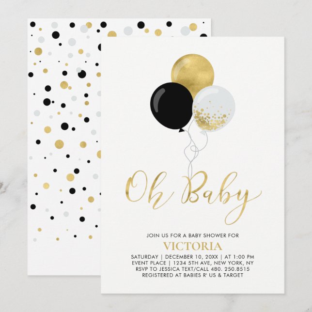 Convites Balões Preto & Ouro | Oh Bebê Menino Chamada de Be (Frente/Verso)
