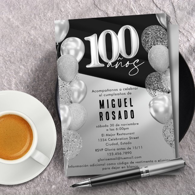 Convites Balões Pretos Elegantes com Prata para Festa de 10 (Criador carregado)